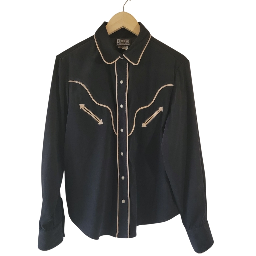 VTG ROUGHRIDER Black Men's Western Shirt Sz L Rodeo Wild Cowboy Snap Country